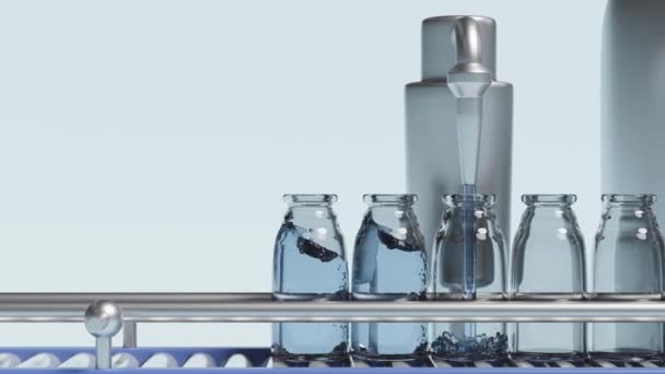 Flüssiggel Glasflaschen Mit Isolierten Maschinen Verpackt Illustration Rendern Alphakanal — Stockvideo