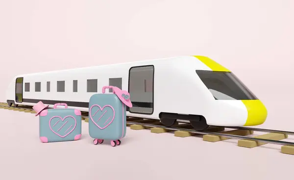 3d close suitcase with heart shaped pattern, hat, bullet train isolated on pink background. summer travel concept, 3d render illustration