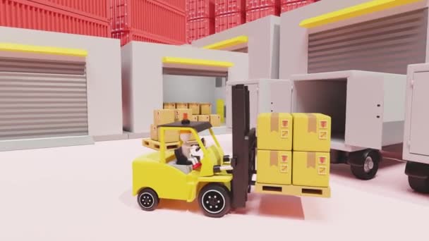輸出のためのフォークリフトが付いている建物の倉庫 商品の段ボール箱 パレット トラック 物流サービスコンセプト 3Dアニメーション アルファチャンネル — ストック動画