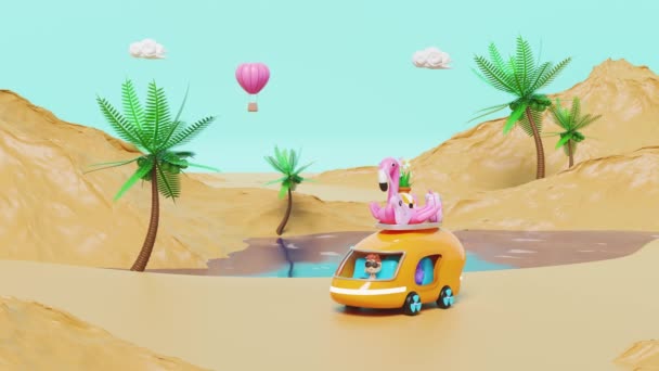 3D旅游巴士载着绿洲 棕榈树 太阳镜 火烈鸟 风景组合气球 暑期旅游概念 3D图解 — 图库视频影像