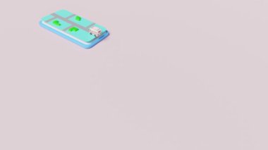 Cep telefonu, akıllı telefon otobüs, konum kodu, GPS navigatörü, bavul, pembe arka planda izole edilmiş harita. Yaz seyahati, teslimat konsepti, 3D resimleme