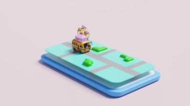 cep telefonu, akıllı telefon otobüs, valiz, harita, bina ikonu, konum kodu, GPS navigatörü, pembe arka planda izole edilmiş dönme dolap. Yaz seyahati, teslimat konsepti, 3D resimleme