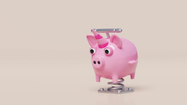 游乐场小猪银行弹簧骑手隔离在粉红色的背景 3D渲染说明 Alpha通道 — 图库视频影像