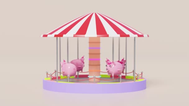 旋转木马或旋转木马与猪银行隔离在粉红色的背景 3D渲染说明 Alpha通道 — 图库视频影像