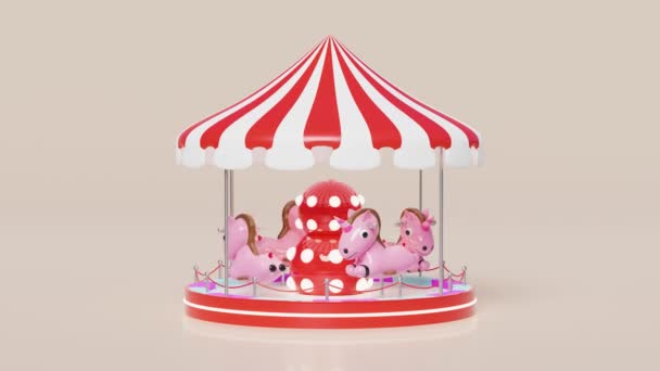 カルーセルまたはメリーは ピンクの背景に隔離されたユニコーンまたは馬とラウンドします 3Dレンダリングイラスト アルファチャンネル — ストック動画