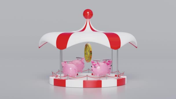 Carousel Merry Piggy Bank Coin Isolated Grey Background Render Illustration — Stock Video