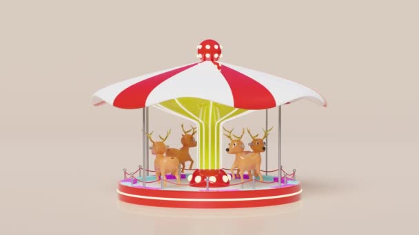 카루셀이나 메리는 핑크색 배경에 사슴이 아이들을 라운드 이동합니다 렌더링 일러스트 — 비디오