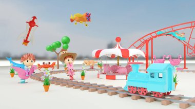 Buharlı lokomotifli 3D lunapark, tren rayları, lunapark treni, tek boynuzlu at bahar binicisi, atlı karınca, atlı karınca. 3d resimleme