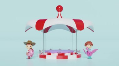 3D podyum sahnesi boş ve tek boynuzlu at yay binicisi mavi arka planda izole edilmiş. 3d resimleme, alfa kanal