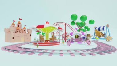 3D lunapark tren rayları, lunapark treni, tek boynuzlu at bahar binicisi, atlı karınca, atlı karınca, kale, kuleler. 3d resimleme, alfa kanal