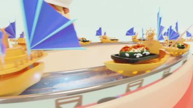 Teknesinde suşi olan Japon restoranı mavi arka planda izole edilmiş. Taşıyıcı bant suşi konsepti, 3D render illüstrasyon, alfa kanal
