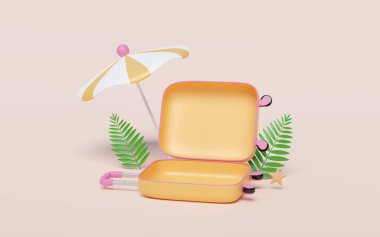 Yaz seyahati, açık bavul, şemsiye ve pembe arka planda yaprak ile. 3d illüstrasyon oluşturucu