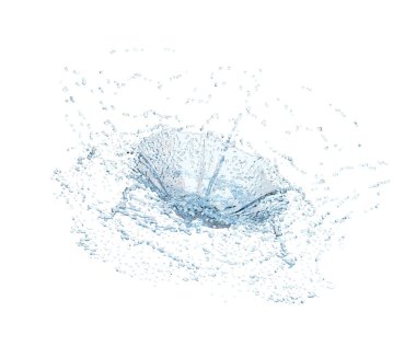 3D su, şeffaf, berrak mavi suyu izole bir şekilde etrafa saçıyor. 3d resimleme