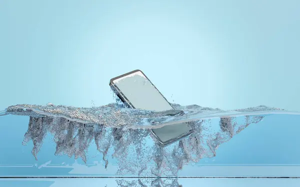 Su damlatan akıllı telefon, baloncuklu cep telefonu suya düşüyor, mavi arka planda su sıçraması. Cep telefonu hasarlı, 3D illüstrasyon oluşturucu