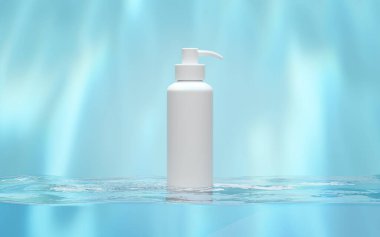 Kozmetik losyon, köpük, sıvı sabun, jel pompa tarzı mavi arka plan için 3 boyutlu şişe. El dezenfektanı kabı, şablon konseptini düzenle, üç boyutlu resimleme