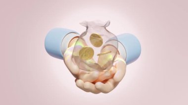 3D karikatür işadamı elleri pembe arka planda izole edilmiş para çantasını tutuyor. Hızlı kredi onayı veya kredi onayı konsepti, 3D resimleme, alfa kanal