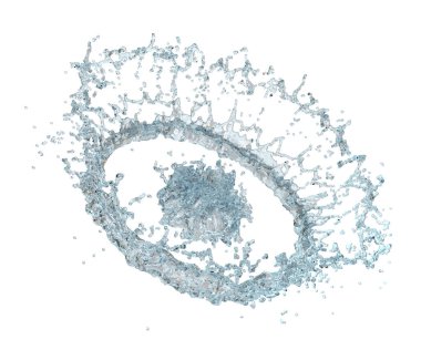 3D su, şeffaf, berrak mavi suyu izole bir şekilde etrafa saçıyor. 3d resimleme