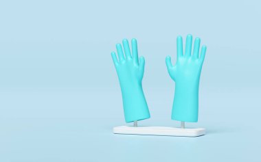 Mavi arka planda 3 boyutlu lastik eldiven temizliği. Temizlik ekipmanı, 3D illüstrasyon oluşturucu