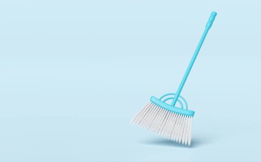 Mavi arka planda uzun süre izole edilmiş 3 boyutlu temizlik süpürgesi. temizleme aracı ekipmanı, 3d illüstrasyon oluşturucu