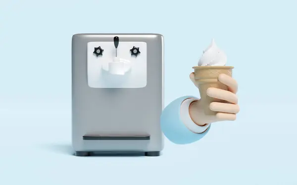 stock image Ice cream cone making machine with hand holding waffle cone isolated on blue background. 3d render illustration