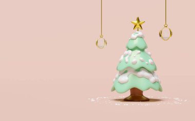 Pembe arka planda kar küresi olan 3 boyutlu yeşil noel ağacı. Mutlu Noeller ve mutlu yıllar, 3D çizim