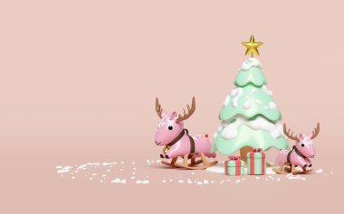 Hediye kutulu 3D sallanan geyik, pembe arka planda izole edilmiş noel ağacı. Mutlu Noeller ve mutlu yıllar, 3D çizim