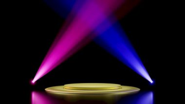3D sarı boş podyum, ışıklandırma ekipmanları, spot ışıkları, siyah arka plan. 3d illüstrasyon oluşturucu