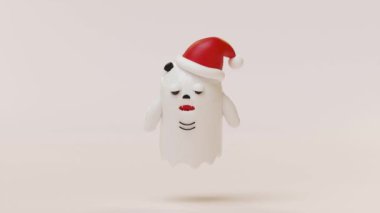 3D sevimli canavar, beyaz şirin hayalet, Noel Baba şapkası ve krema arka planında izole edilmiş. 3d resimleme, alfa kanal