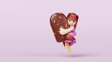 Uzun saçlı bir kız pembe arka planda izole edilmiş çikolata parçalarıyla kaplı bir dondurmaya sarılıyor. 3d resimleme, alfa kanal