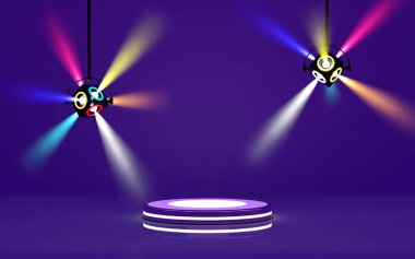 3d cylinder stage podium empty in room with neon, disco lights, abstract geometric cosmetic showcase pedestal purple, violet background. mockup modern scene, 3d illustration render