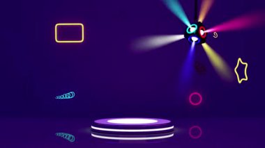 3 boyutlu silindir sahne podyumu neon ışıkları, disko ışıkları, soyut geometrik kozmetik vitrin kaidesi mor, mor arka plan. Model modern sahne, 3D animasyon çizimi