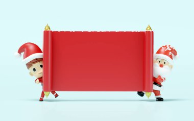 Noel Baba 'nın mavi arka planda izole edildiği 3D anonslu roll flaması. poster ya da mutluluk kartları, mutlu noeller, şenlikli yeni yıl konsepti, 3D resimleme