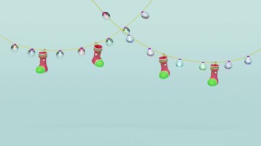 Mutlu Noeller ve temiz cam fener çelengi ve mavi arka planda izole edilmiş çoraplarla mutlu yıllar. parti afişi konsepti, 3D illüstrasyon çizimi, alfa kanalı