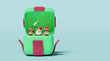 3D Noel Baba ve arkadaşları büyük hediye kutusunda fenerli, Noel ağacı mavi renkte. poster ya da mutluluk kartları, mutlu noeller, şenlikli yeni yıl konsepti, 3D resimleme, alfa kanal