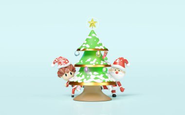 Noel Baba ve Noel Baba 'nın Noel ağacının arkasında kar yağmış, süsleri mavi arka planda. Mutlu Noeller ve şenlikli yeni yıl konsepti, 3D illüstrasyon sunucusu