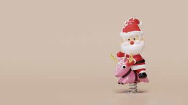 Oyun parkı ren geyiği bahar binicisinin mavi arka planda izole edildiği 3D Noel Baba. Mutlu Noeller, mutlu yıllar, 3D canlandırma, alfa kanal