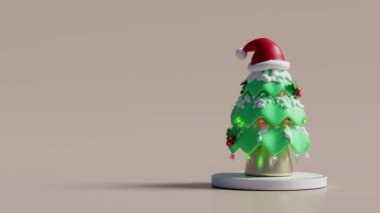 Noel Baba 'nın 3 boyutlu Noel Baba şapkası karlı, bej arka planda izole edilmiş süsler. Mutlu Noeller ve şenlikli yeni yıl konsepti, 3D çizim, alfa kanal