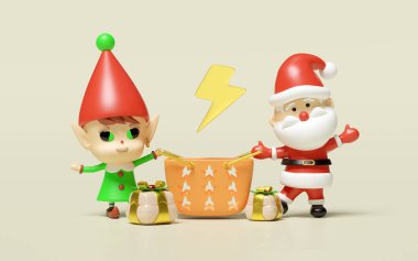 Noel Baba, hediye kutusu olan küçük bir elf sepeti, bej arka planda izole edilmiş yıldırım. flaş satış afişi, online alışveriş, mutlu noeller, yeni yıl tatili konsepti, 3D resimleme