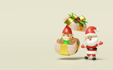 Noel Baba 'nın bej arka planda izole edildiği açık hediye kutusunda 3 boyutlu küçük elfler. Mutlu Noeller, şenlikli yeni yıl tatili konsepti, 3 boyutlu resimleme