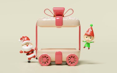 Tekerlekli küçük elfler, bej arka planda izole edilmiş Noel Baba. Mutlu Noeller, şenlikli yeni yıl tatili konsepti, 3 boyutlu resimleme