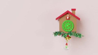 Elfli guguklu saat, Noel Baba, çam ağaçlarının süslü dalları, jingle çanı, pembe üzerine izole edilmiş bozuk para. Mutlu Noeller, şenlikli yeni yıl konsepti, 3D resimleme, alfa kanal