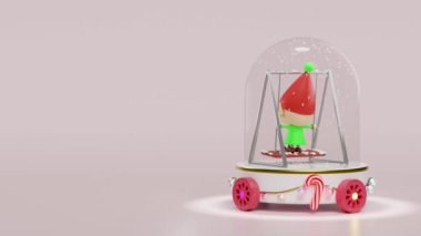 3D Elf kar küresinde salıncakta sallanıyor. Pembe arka planda izole edilmiş tekerlekler üzerinde süslü podyum var. Mutlu Noeller, şenlikli yeni yıl konsepti, 3D resimleme, alfa kanal