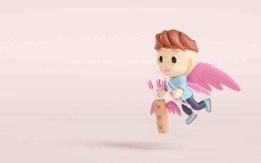 3d cupid cartoon with bow, quiver, arrows isolated on pink background. Happy valentine's day concept, 3d illustration render clipart