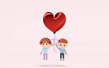 3D kız ve oğlan ellerinde pembe arka planda izole edilmiş kalp şeklinde balon tutuyorlar. Sevgililer Günü konseptin kutlu olsun, 3D illüstrasyon sunucusu.