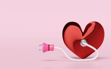 Fişi olan kalp, pembe arka planda izole edilmiş güç kablosu. Sevgililer Günü konseptiniz kutlu olsun, 3D illüstrasyon sunucusu