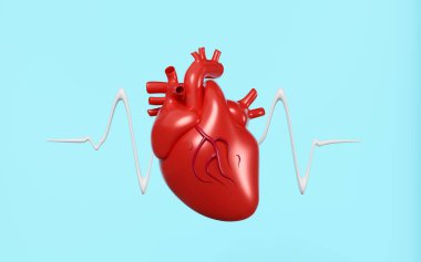 Elektrokardiyogramlı 3D gerçekçi insan kalbi, mavi arka planda izole edilmiş tansiyon kalp atışı. sağlık aşkı veya dünya kalp günü konsepti, 3D illüstrasyon canlandırması