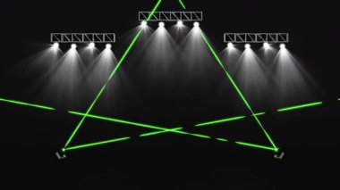 3D aydınlatma ekipmanları, spot ışıkları, lazer ışığı, siyah arka plan. 3d illüstrasyon oluşturucu