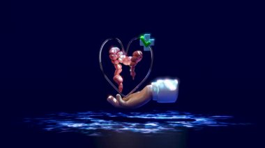 Kalple kalın bağırsağı tutan 3D eller, siyah arkaplanda izole edilmiş işaretler. İleride kolon sağlığı, deney, kolon kanseri tedavisi, 3D çizim, alfa kanalı denetimi