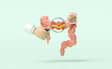Bağırsağında atık olan üç boyutlu insan bağırsağı kesiti, doktorun elinde büyüteç, yeşil arka planda izole edilmiş kontrol işareti. kolon sağlığını, kabızlık konseptini, 3 boyutlu illüstrasyon sunucusunu kontrol et