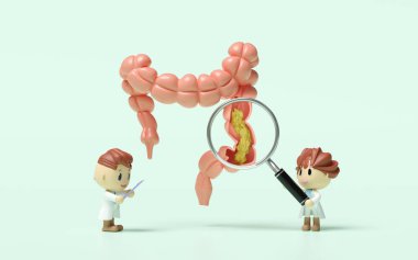 Bağırsağında atık olan üç boyutlu insan bağırsağı kesiti, büyüteç tutan doktor, yeşil arka planda izole edilmiş kontrol listesi. kolon sağlığını, kabızlık konseptini, 3 boyutlu illüstrasyon sunucusunu kontrol et
